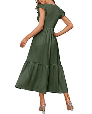 OFEEFAN Long Dress Womens Maxi Dresses Summer Ruffle Sleeve Tiered Dress Army Green M - Image 4