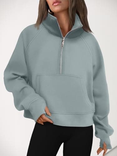 AUTOMET Womens Sweatshirts Half Zip Cropped Pullover Fleece Quarter Zipper Sweater Hoodies 2025 Fall Fashion Outfits Clothes Greygreen Large - Image 6