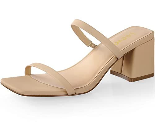 Leevar Square Toe Heeled Sandals for Women,Women's Low Block Heels Sandals,2.25IN Open Toe Ankle Strap Chunky Heels, Nude Nubuck, 7 UK - Image 1