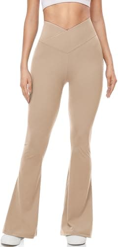 UEU Flare Leggings for Women, V Crossover High Waisted Yoga Pants, Tummy Control Bootcut Wide Leg, 33" Inseam, Khaki XL - Image 2