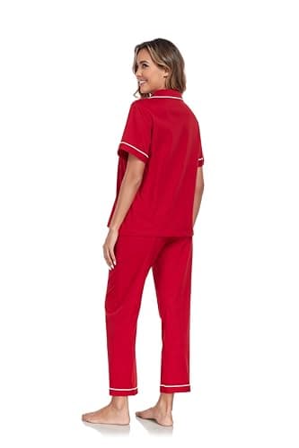 COLORFULLEAF Women's 100% Cotton Pajamas Set Button Down Sleepwear Short Sleeve Shirt and Long Pants Soft Ladies Lounge Sets(Cherry,XL) - Image 5