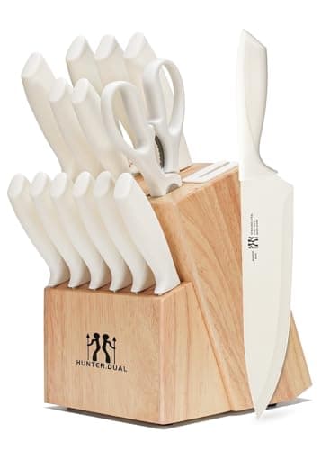 Knife Set, HUNTER.DUAL 15 Pcs Kitchen Knife Set with Block Self Sharpening, Dishwasher Safe, Anti-slip Handle (Beige) - Image 1