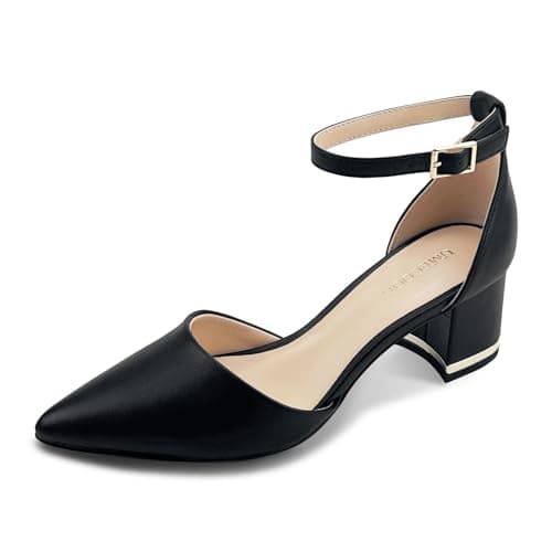 Women's Pointed Toe Low Chunky Heels Pump Shoes, Comfortable Heels for Women, Chunky Ankle Strap Dress Pumps Shoes for Wedding Office Party (Black PU, Adult, Women, 8, Numeric, US Footwear Size System, Medium) - Image 1
