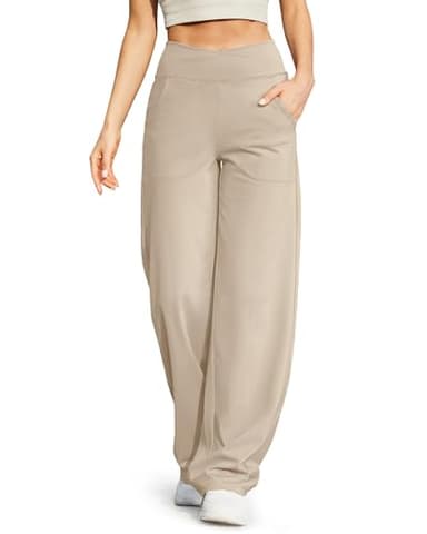 G4Free Dress Pants Women Cross Waist Wide Leg Yoga Pants with Pockets Comfy Casual Workout Pajama Sleep Pants(Light Khaki,L,35") - Image 1
