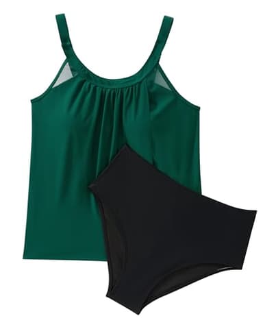 SUUKSESS Women Slimming Tummy Control Tankini Bathing Suits Ruffle High Waisted High Neck 2 Piece Swimsuits(Green Black,2XL) - Image 2