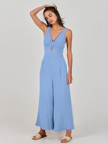 ANRABESS Women's Jumpsuits Summer Wide Leg Sleeveless V Neck Casual Dressy Linen Pants Rompers 2025 Vacation Beach Outfits Sky Blue Small - Image 8