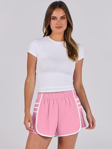 Caracilia Women Running Shorts Flowy Pleated Athletic Shorts Summer High Waisted Tennis Sporty Workout Gym Shorts Pink Large - Image 7