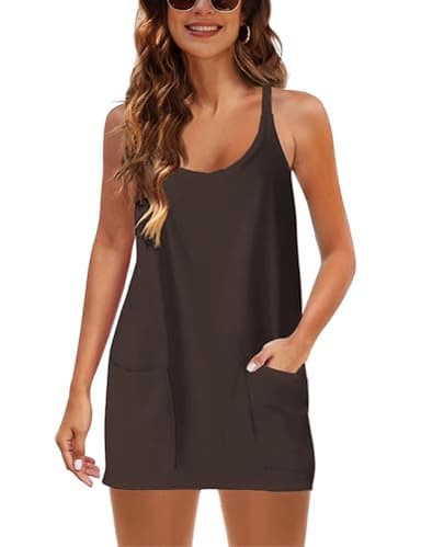 Yidarer Womens Summer Athletic Mini Dress Sleeveless Spaghetti Strap Built-in Shorts V Neck Sundress with Pockets (Coffee-M) - Image 2