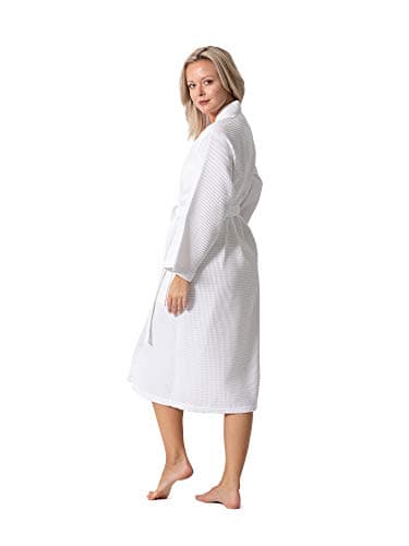 Turkish Linen Waffle Knit Lightweight Kimono Spa & Bath Robes for Women - Quick Dry - Soft (White, Large) - Image 4