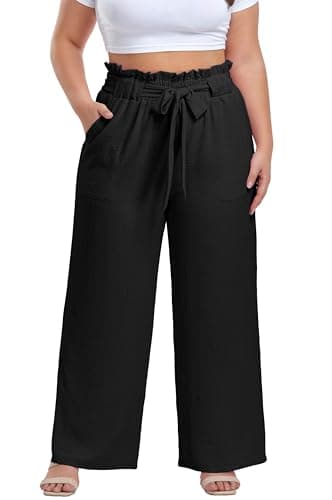OLRIK Plus Size Teacher Outfits for Women, Elastic High-Waist Wide-Leg Pants with Pocket Black-3X - Image 1