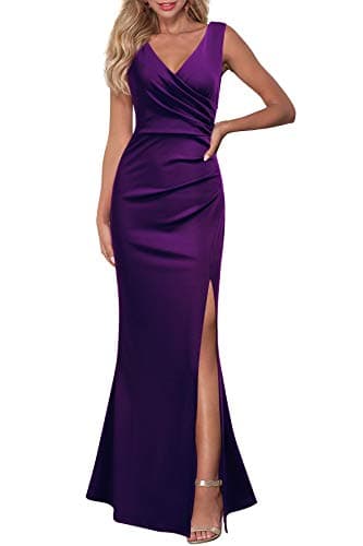 WOOSEA Women Sleeveless V Neck Split Evening Cocktail Long Dress Purple - Image 1