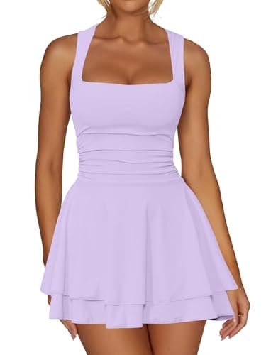 Kaximil Women's Square Neck Ruffle Hem Mini Dress Ruched Waist Short Party Dresses, X-Large, Purple - Image 1