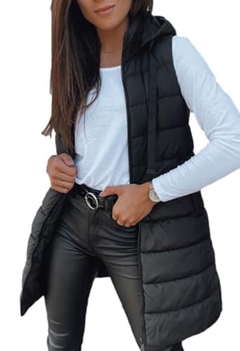 Veatzaer Women Long Vest Solid Color Sleeveless Hood Winter Puffer Vest Outwear - Image 1