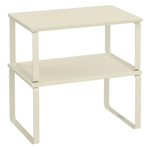 SONGMICS Cabinet Organizer Shelf, Set of 2 Kitchen Counter Shelves, Kitchen Storage, Spice Rack, Stackable, Expandable, Metal and Engineered Wood, Cream White UKCS002W02 - Image 1