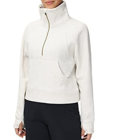 THE GYM PEOPLE Women's Half Zip Pullover Sweatshirt Fleece Stand Collar Crop Sweatshirt with Pockets Thumb Hole Off-white - Image 4