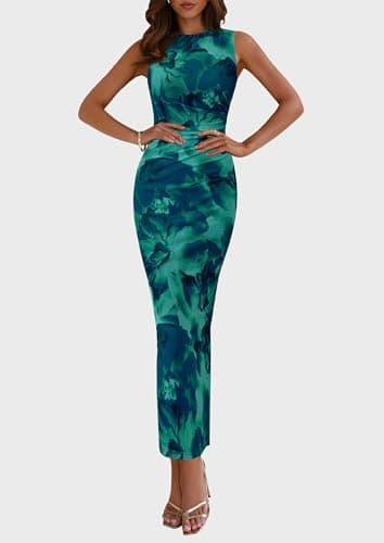 PRETTYGARDEN Wedding Guest Dresses for Women 2025 Summer Spring Floral Bodycon Sleeveless Mesh Maxi Long Dress(Lake Blue Floral,Medium) - Image 4