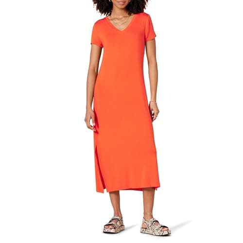 Amazon Essentials Women's Jersey V-Neck Short Sleeve Midi Length Dress, Coral Orange, Small - Image 1
