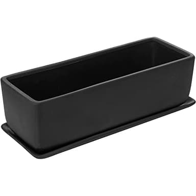 MyGift 14 Inch Ceramic Indoor Plant Pot, Rectangular Succulent Planter, Decorative Flower Planter with Drainage Hole and Removable Tray, Matte Black - Image 1