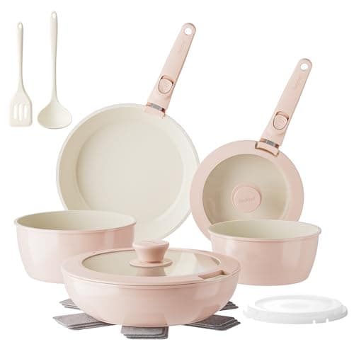 Redchef Pans and Pots Set Nonstick, Ceramic Cookware Set with Detachable Handles 16Pcs, Induction Dishwasher Oven Safe Kitchen Cooking Set, PFAS PFOA & PTFE Free, Pink - Image 1