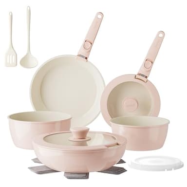 Redchef Pans and Pots Set Nonstick, Ceramic Cookware Set with Detachable Handles 16Pcs, Induction Dishwasher Oven Safe Kitchen Cooking Set, PFAS PFOA & PTFE Free, Pink - Image 1