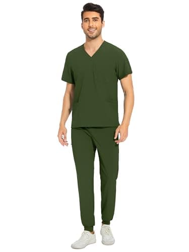 COZYFIT Men's Scrubs Set - Stretch V-Neck Top & Jogger Pant with 8 Pockets, Yoga Waistband, Anti-Wrinkle Scrubs - Army Green, M - Image 1