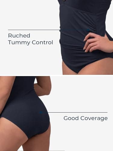 Ribbed One Piece Swimsuits for Women Button up Swimwear Tummy Control Retro Bathing Suits Dark Blue Large - Image 6