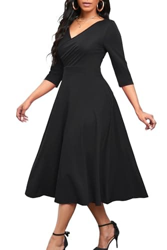 Nmoder Women's Casual Wrap Flared Midi Dress Wedding Guest Cocktail Tea Dresses A-Line Swing V-Neck 3/4 Sleeve Black XL - Image 1