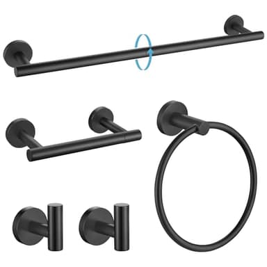 TURS Matte Black 5 Piece Bathroom Hardware Set, SUS304 Stainless Steel Bath Towel Bar Set, 24 Inch Round Bathroom Accessories Kit Wall Mounted - Image 1