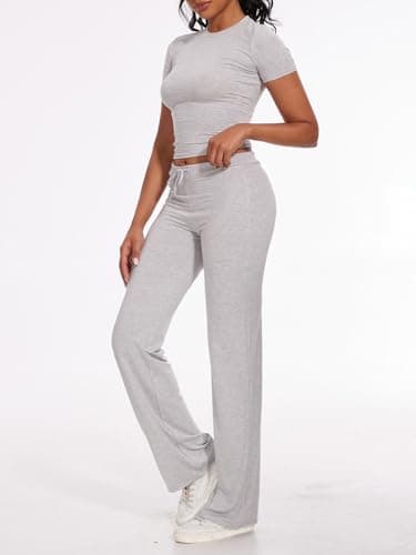 AnotherChill Women's 2 Piece Lounge Sets Straight Leg Pants Set Short Sleeve Crop T-shirt Casual Outfits Comfy Loungewear (Light-Gray, Small) - Image 4