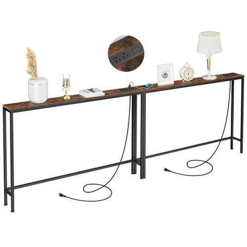 ManGuish 94.4" Long Console Table with Charging Station, Sofa Table with 2 Power Outlets & 2 USB Ports, Metal Frame, with Extension Cord, Behind Couch Table for Living Room Entryway, Rustic Brown - Image 1