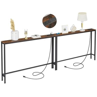 ManGuish 94.4" Long Console Table with Charging Station, Sofa Table with 2 Power Outlets & 2 USB Ports, Metal Frame, with Extension Cord, Behind Couch Table for Living Room Entryway, Rustic Brown - Image 1