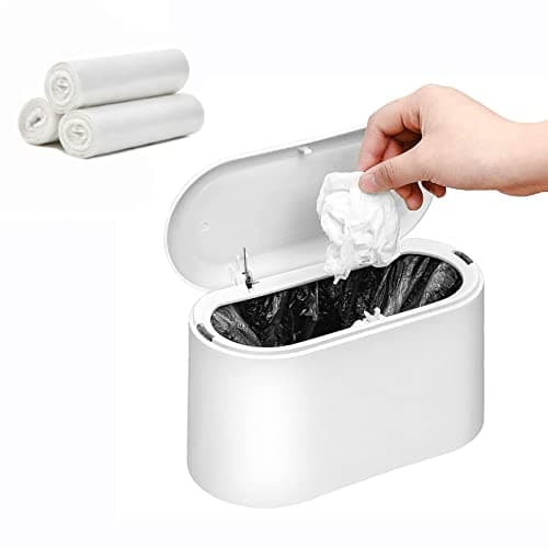 SUBEKYU Mini Trash Can with Lid,Small Desk Trash Can,Countertop Mini Garbage Cans,Tiny Waste Basket,White,with 3 roll Bags - Image 1