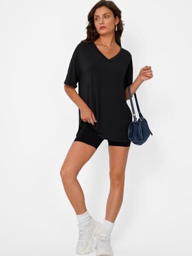 Trendy Queen Oversized Tshirts for Women Workout Plus Size Tops V Neck Short Sleeve Tunic Side Slit Outing T Shirts 2025 Spring Summer Casual Clothes Loose Fit Basic Tees Beach Vacation Black XL - Image 5