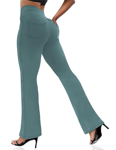 VOOVEEYA Women's Bootcut Leggings - Bootleg Yoga Pants Flare with 4 Pockets,Tummy Control High Waisted Casual Dress Pants（Bootcut-Petite Dark Green-S） - Image 1