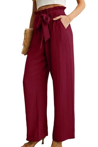 IWOLLENCE Women's Wide Leg Pants with Pockets High Waist Adjustable Knot Loose Casual Trousers Business Work Casual Pants Wine Red XX-Large - Image 2