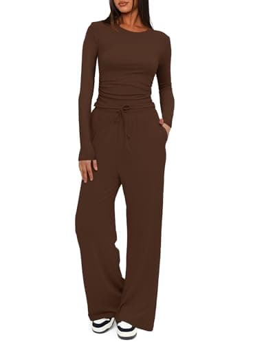 Darong Women's 2 Piece Outfits Lounge Sets Ruched Long Sleeve Tops and Wide Leg Pants Tracksuit Sets 9065B Coffee XS - Image 1