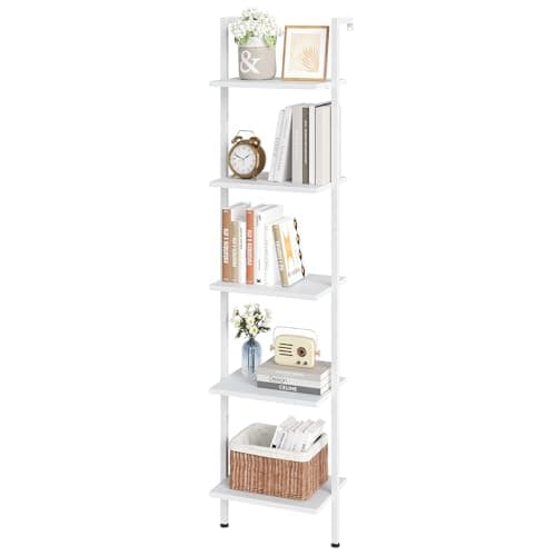 ELYKEN Ladder Shelf, White 5-Tier Wood Wall Mounted Bookshelf with Metal Frame, Modern Open Display Organizer Rack, Leaning Storage Shelves for Living Room, Bedroom, Home Office - Image 1