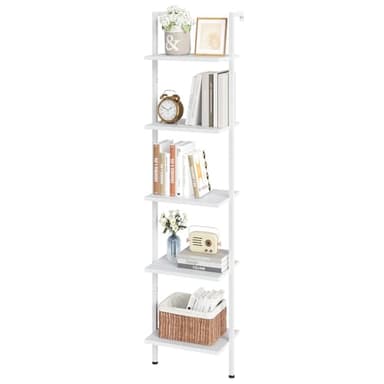 ELYKEN Ladder Shelf, White 5-Tier Wood Wall Mounted Bookshelf with Metal Frame, Modern Open Display Organizer Rack, Leaning Storage Shelves for Living Room, Bedroom, Home Office - Image 1