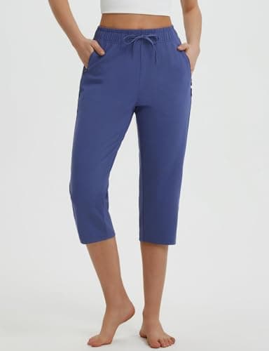 baleaf Womens Yoga Capri Pants with Zipper Pockets Summer Drawstring Capris Joggers Lounge Crop 19" Navy M - Image 2