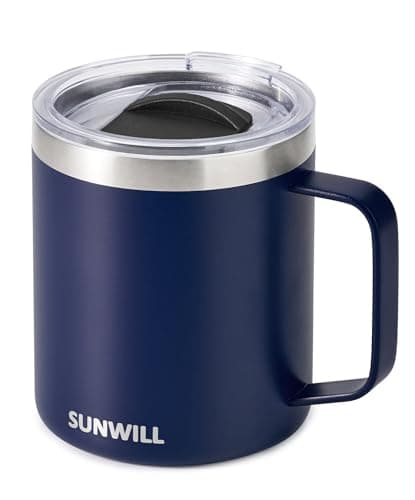 SUNWILL Insulated Coffee Mug with Lid, Travel Tumbler with Handle, 14oz Stainless Steel Cup for Camping, Office, Home, Powder Coated Navy Blue - Image 1