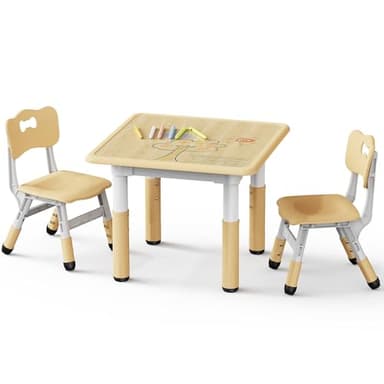 Brelley Kids Table and 2 Chairs Set, Height Adjustable Toddler Desk and Chair Set, Graffiti Desktop, Classroom/Daycare/Home, Children Multi-Activity Table for Ages 2-8 - Image 1