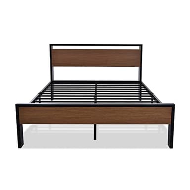 SHA CERLIN 14 Inch Queen Size Metal Platform Bed Frame with Wooden Headboard and Footboard, Mattress Foundation, No Box Spring Needed, Large Under Bed Storage, Non-Slip Without Noise, Walnut - Image 8