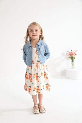 Baby Girls Floral Suspender Dress & Long-Sleeved Toddler Girl's Lovely Denim Jacket Outfit Cardigan Set(Orange,2-3T) - Image 2