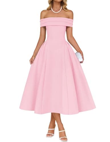 ZESICA Cocktail Dresses for Women's Elegant Off Shoulder Short Sleeve Swing A Line Wedding Evening Party Midi Dress,Pink,Medium - Image 1