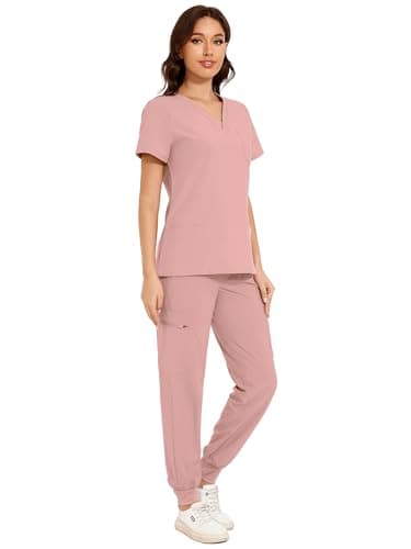 COZYFIT Scrubs for Women - V-Neck Top & Cargo Pants Scrubs Set with 10 Pockets - Pink, S, Tall - Image 3