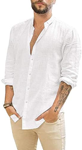 JEKAOYI Mens Casual Long Sleeve Cotton Linen Shirts Buttons Down Solid Plain Roll-Up Sleeve Summer Beach Shirts White - Image 1