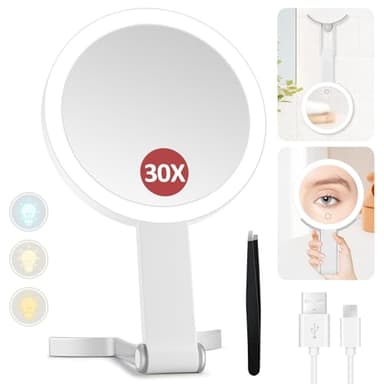 MIYADIVA Lighted Makeup Mirror, 30X Magnifying Mirror with Light and Adjustable Brightness, Hanging and Handheld Mirror with Handle, Portable Travel Makeup Mirror with Lights, Vanity Mirrors for Women - Image 1