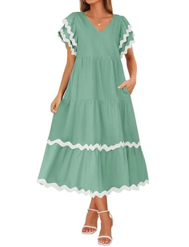 ZESICA Womens 2025 Summer Casual Midi Dresses V Neck Flutter Short Sleeve Ruffle Tiered A Line Flowy Beach Long Dress,Sage,Small - Image 1
