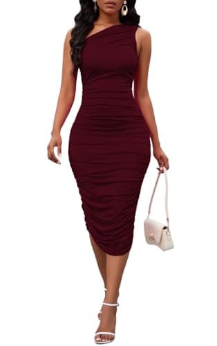 Women One Shoulder Dress Cocktail Sleeveless Sexy Dresses for Women Date Night Bodycon Party Midi Dresses Burgundy Medium - Image 1