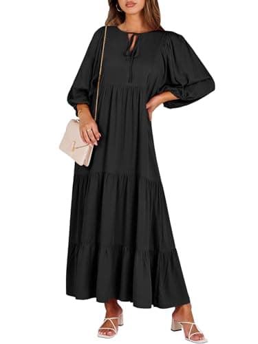 ANRABESS Womens Boho Maxi Dresses 2025 Summer V Neck Puff Sleeve Floral Flowy Swing Fall Casual Long Dress Black Large - Image 1
